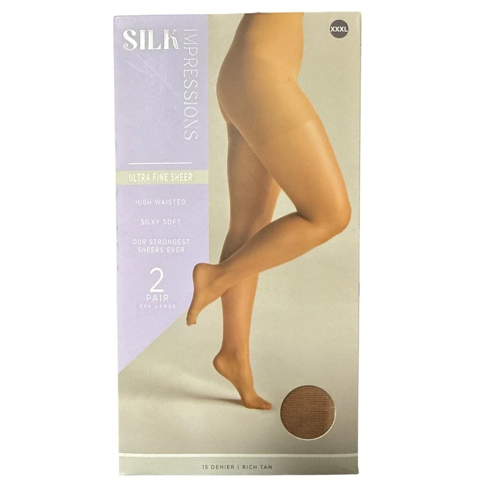 Silk Impressions Ultra Fine Sheer Pantyhose 2-Pair XXXL Rich Tan 15‎ Denier